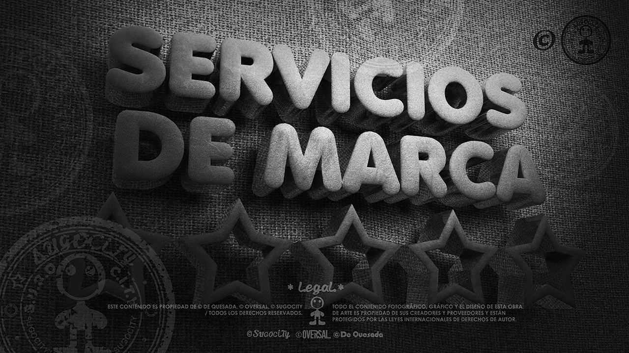 Texto en blanco y negro de los servicios de branding del cine negro 3d con forma de la mascota 3d.