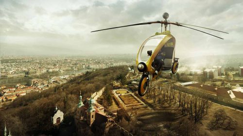 å¸‚å†…ã‚’é£›ã‚“ã§ã„ã‚‹ã‚¿ã‚¯ã‚·ãƒ¼è‡ªè»¢è»Šã€‚