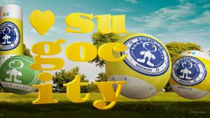 Sugocity yellow text with yellow and green orbs hovering over the grass field.