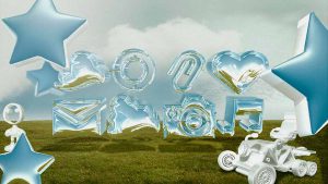 3D blue and white glass text hovering over the grass field.