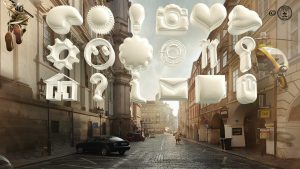 White 3d Shapes and icons flying over the empty street in Prague.