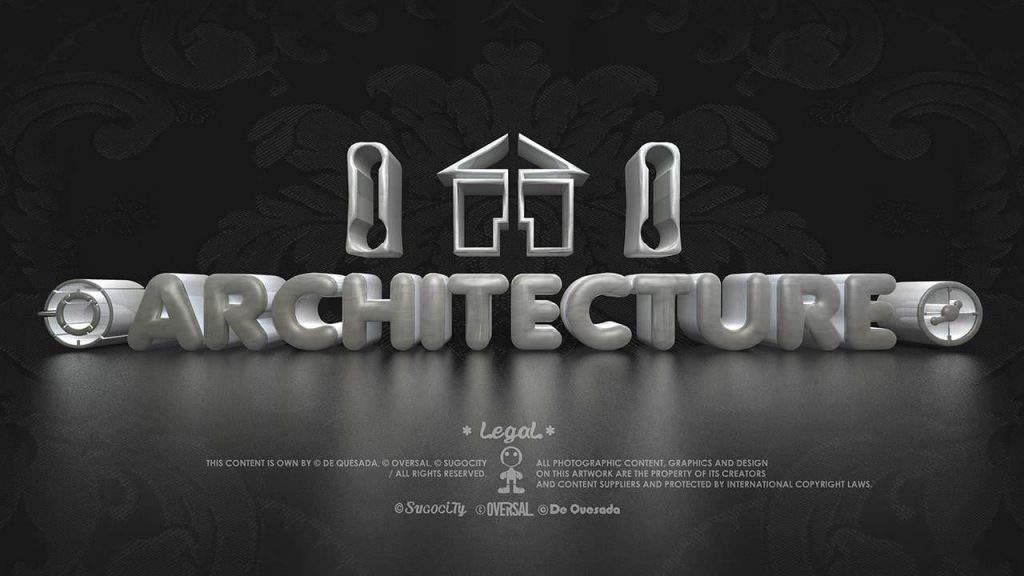 Awesome architecture porcelain 3d text and home icon with side columns on dark fabric background.