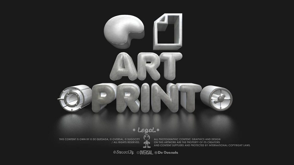 Art print porcelain 3d text and document icon with art palette on dark background.