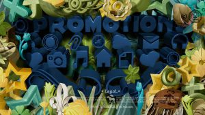 Sugo Promotion. Dark blue 3d text with multiple 3d shapes.